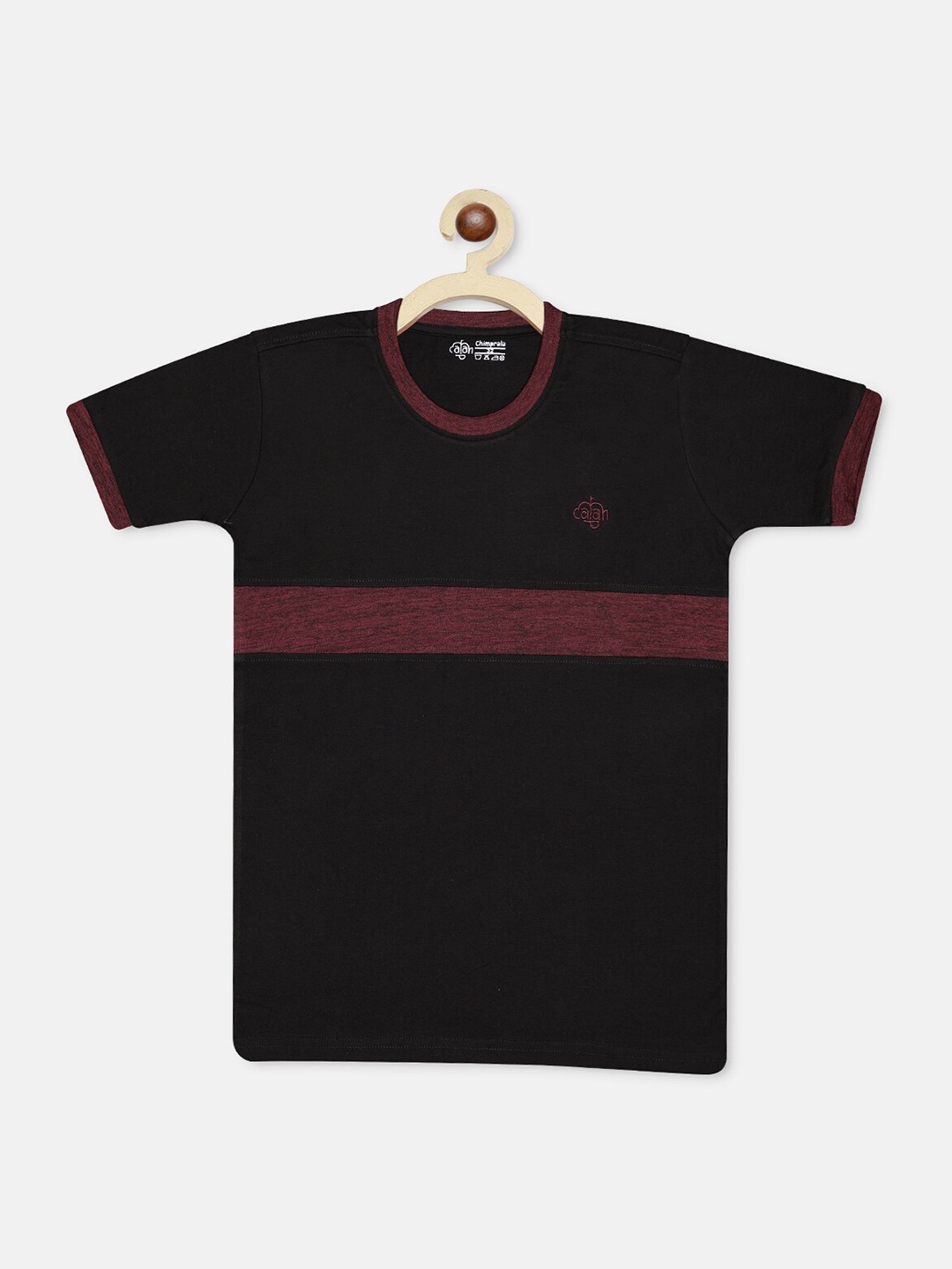 

CHIMPRALA Girls Black & Maroon Striped Round Neck T-shirt