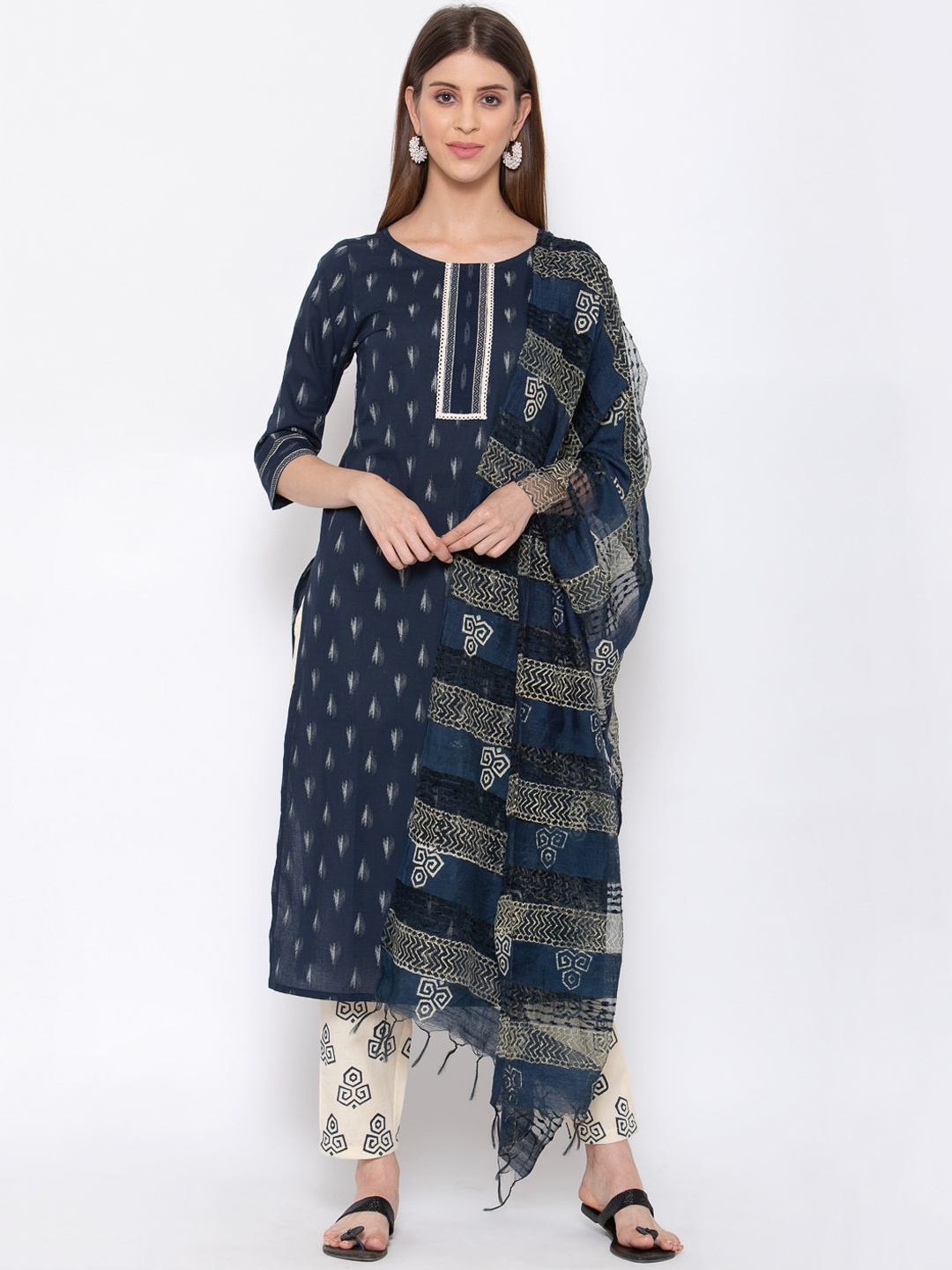 

Yuris Women Navy Blue & Beige Printed Pure Cotton Kurta with Trousers & Dupatta