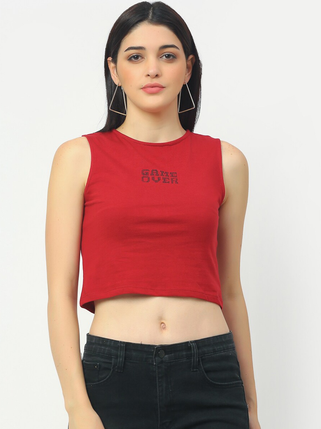 

Rigo Maroon Regular Sleeveless Cotton Crop Top
