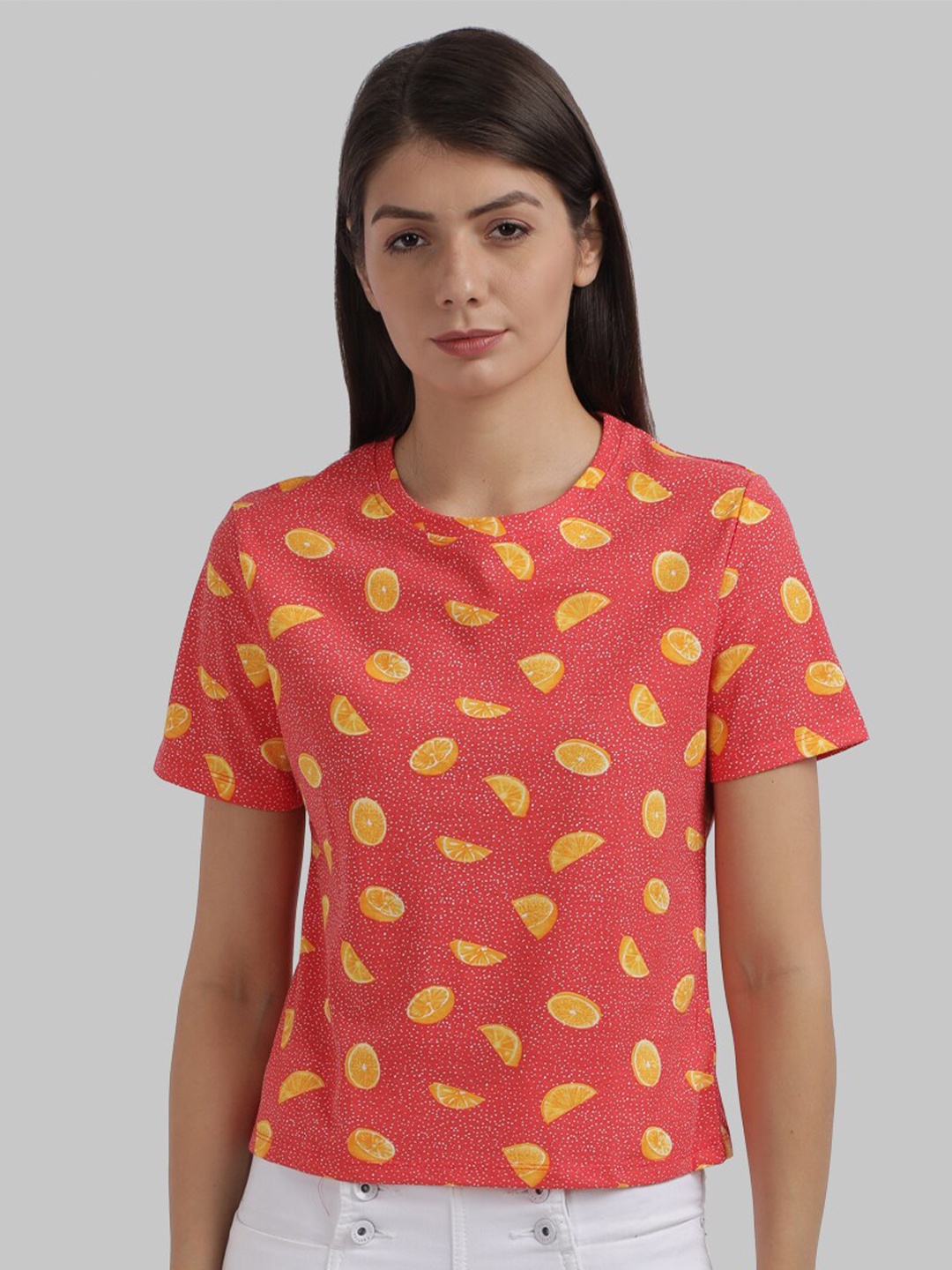 

Parx Women Coral Red & Orange Printed Round Neck T-shirt