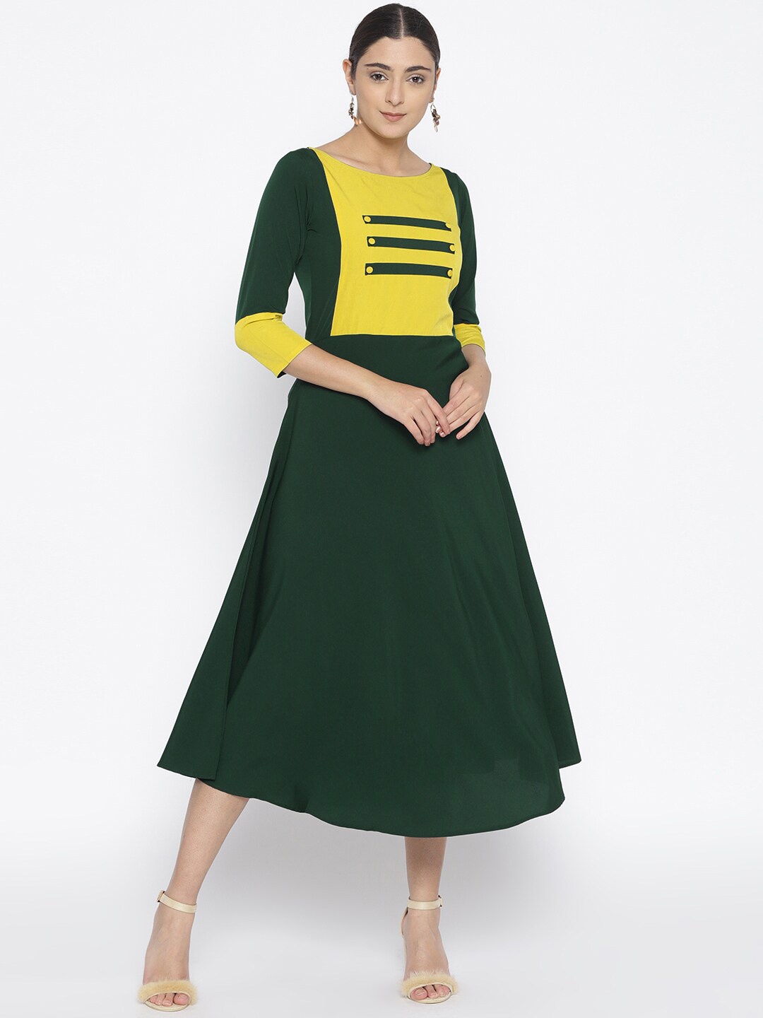 

Cottinfab Green & Yellow Colourblocked Crepe Midi Dress