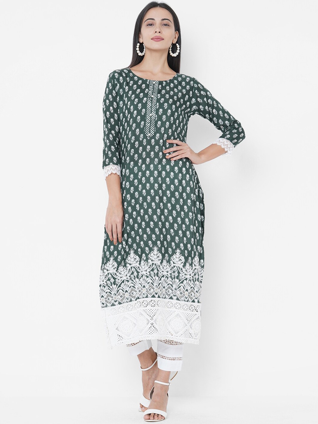 

FASHOR Women Green Paisley Checked Keyhole Neck Mirror Work Kurta