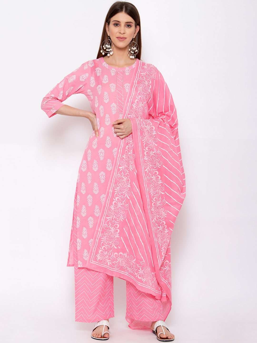 

Yuris Women Pink Floral Printed Pure Cotton Kurta with Palazzos & With Dupatta
