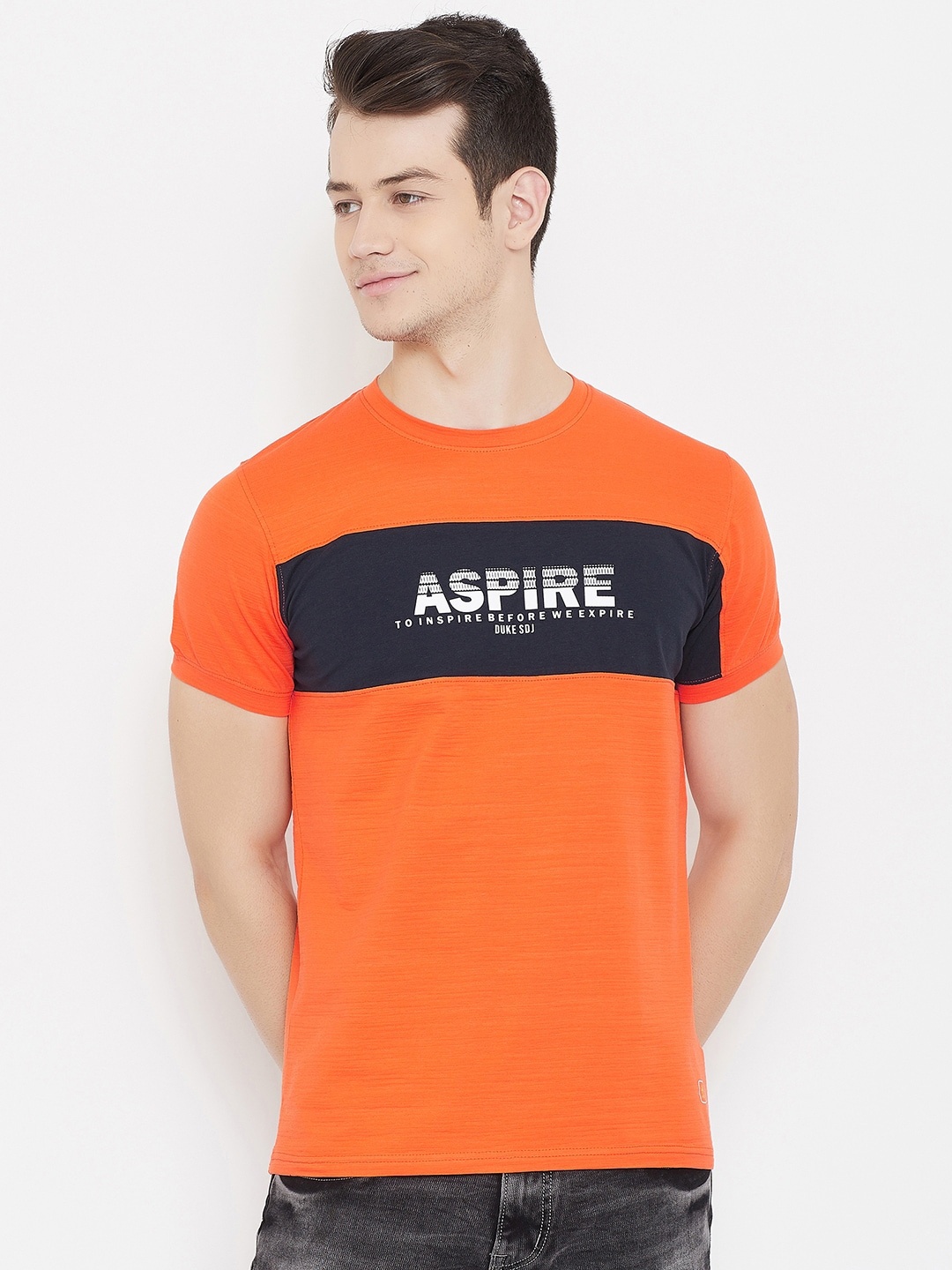 

Duke Men Orange & Black Colourblocked T-shirt with Printed Detail