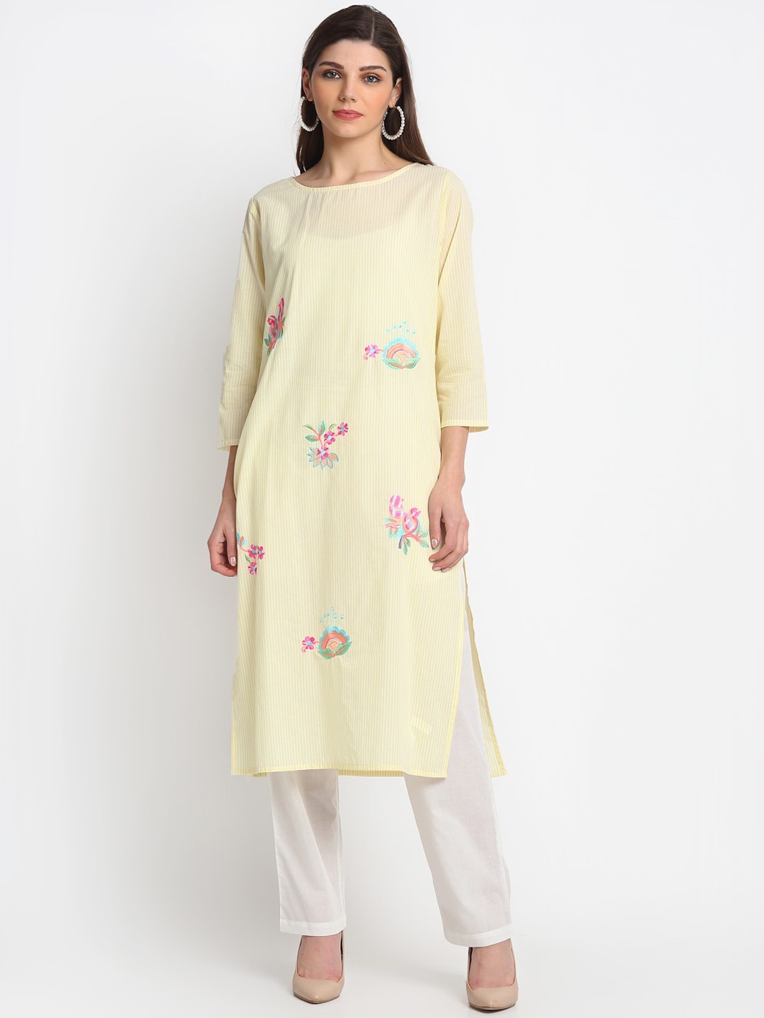 

REME Women Yellow & Blue Floral Striped Thread Work Kurta