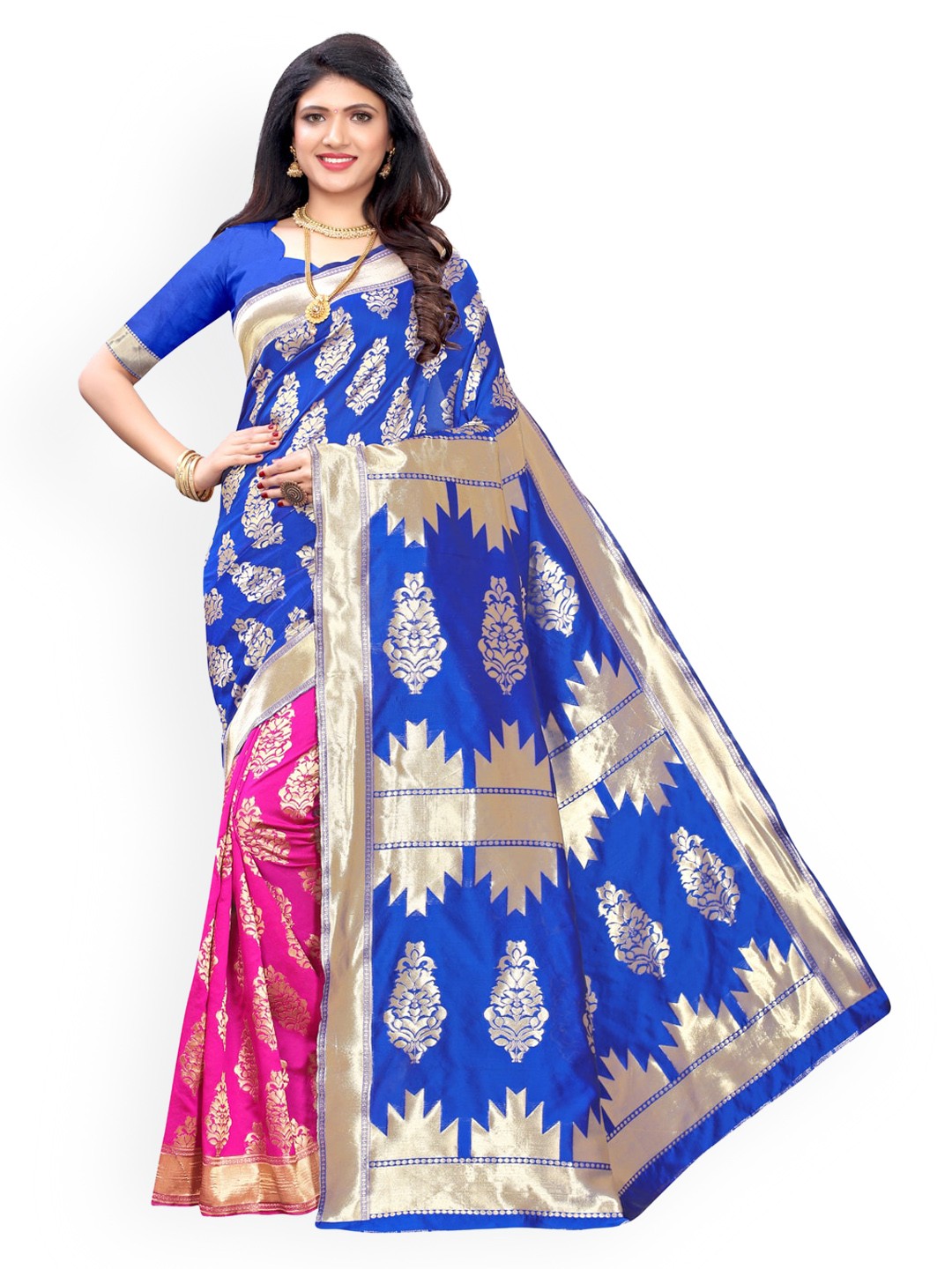 

KALINI Blue Ethnic Motifs Embroidered Banarasi Saree