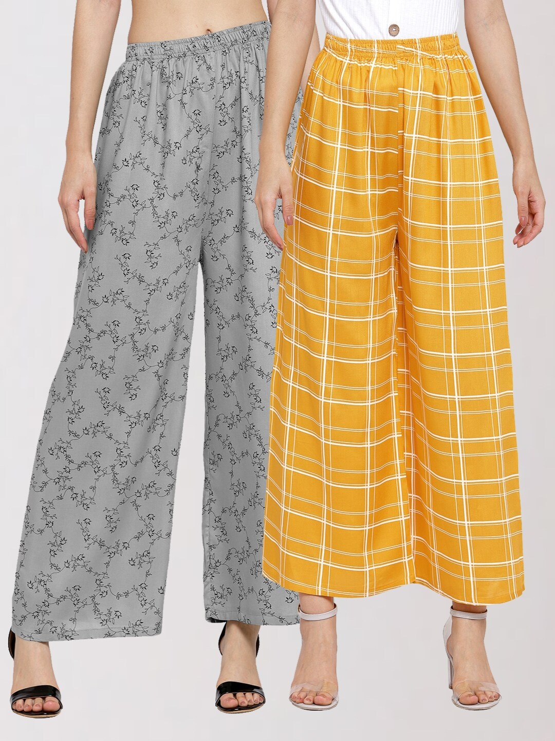 

KLOTTHE Women Set Of 2 Grey & Yellow Printed Palazzos