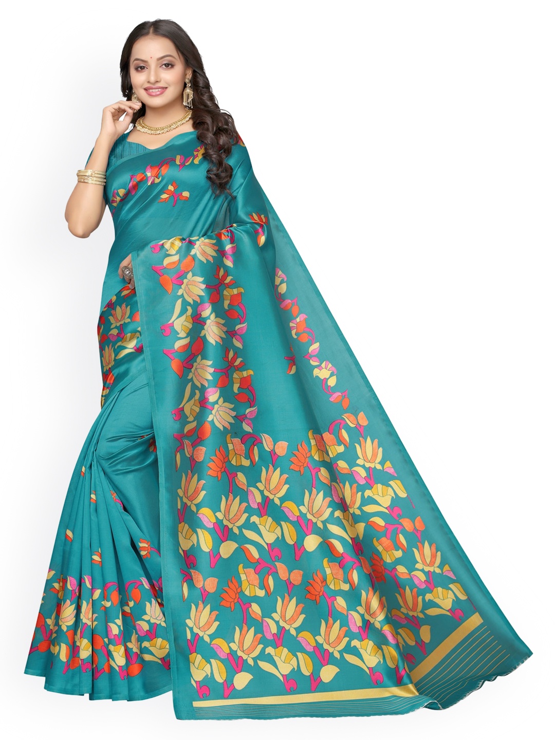 

KALINI Teal Blue & Yellow Floral Saree