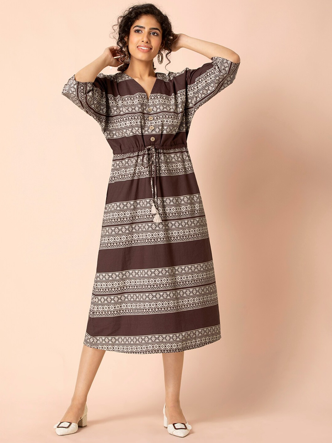 

Earthen BY INDYA Brown Printed Drawstring Kaftan Dress