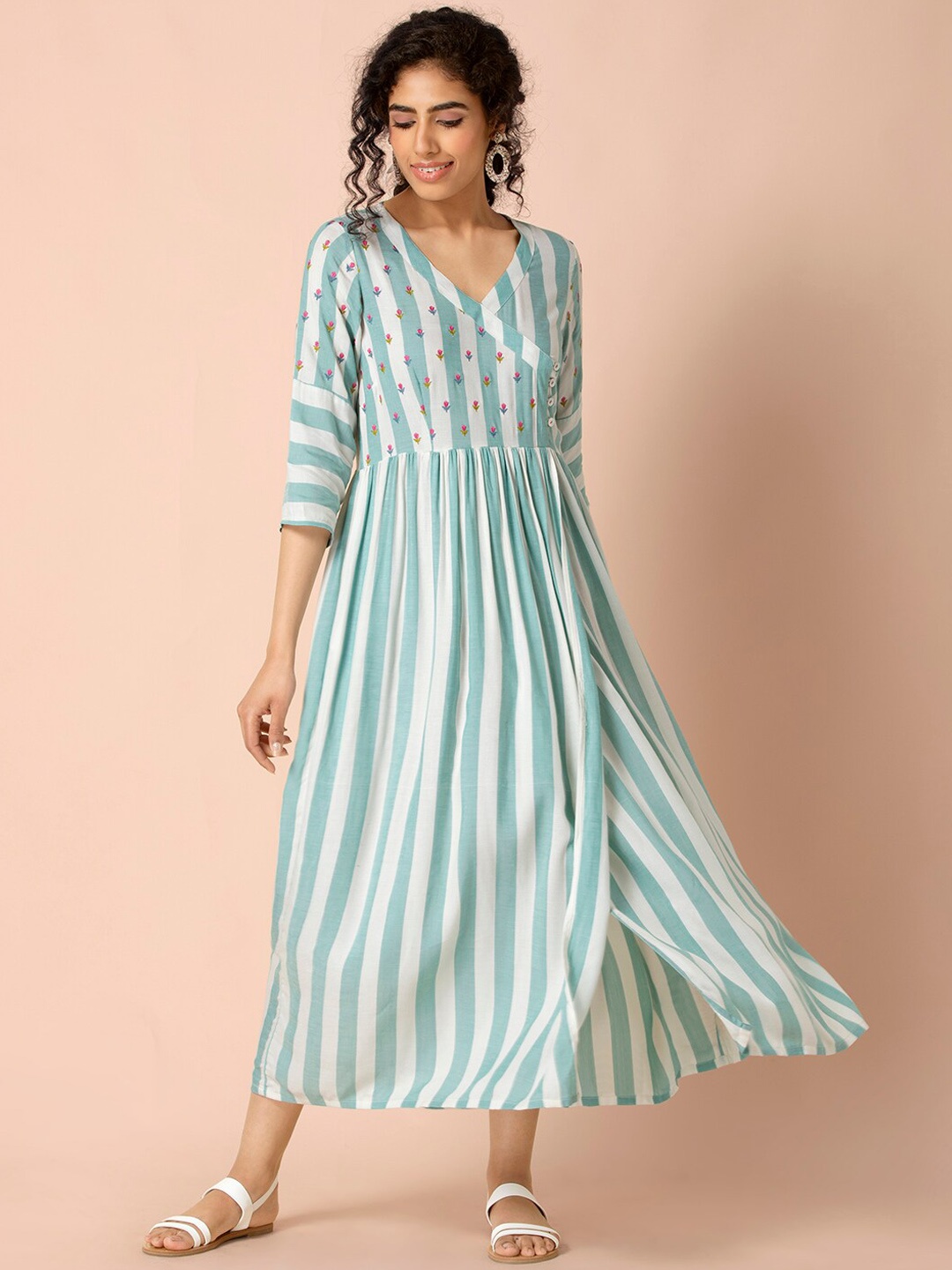 

Earthen BY INDYA Green Striped Embroidered Front Slit Dress, Sea green