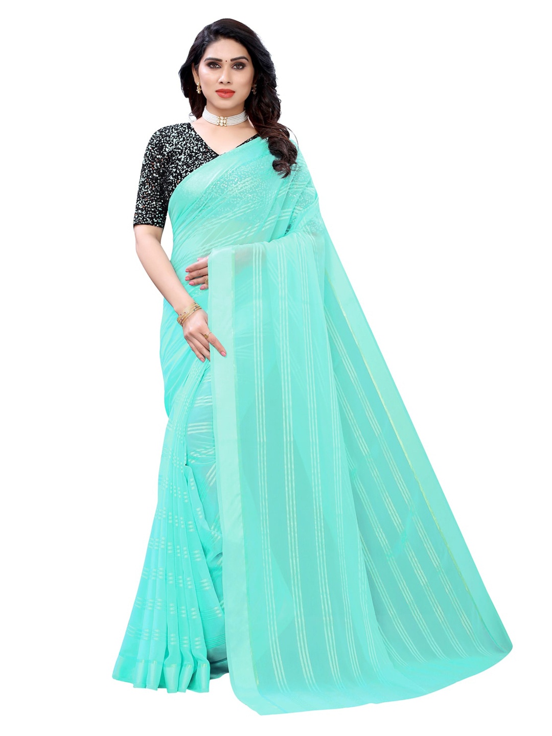 

KALINI Turquoise Blue Striped Embroidered Pure Georgette Saree