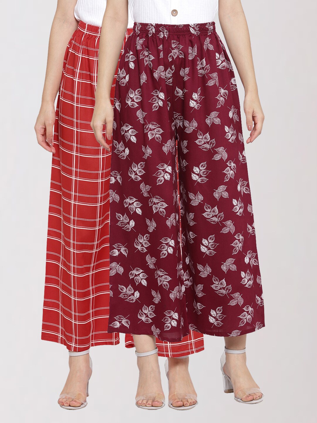 

KLOTTHE Women Set Of 2 Red & Maroon Checked Palazzos