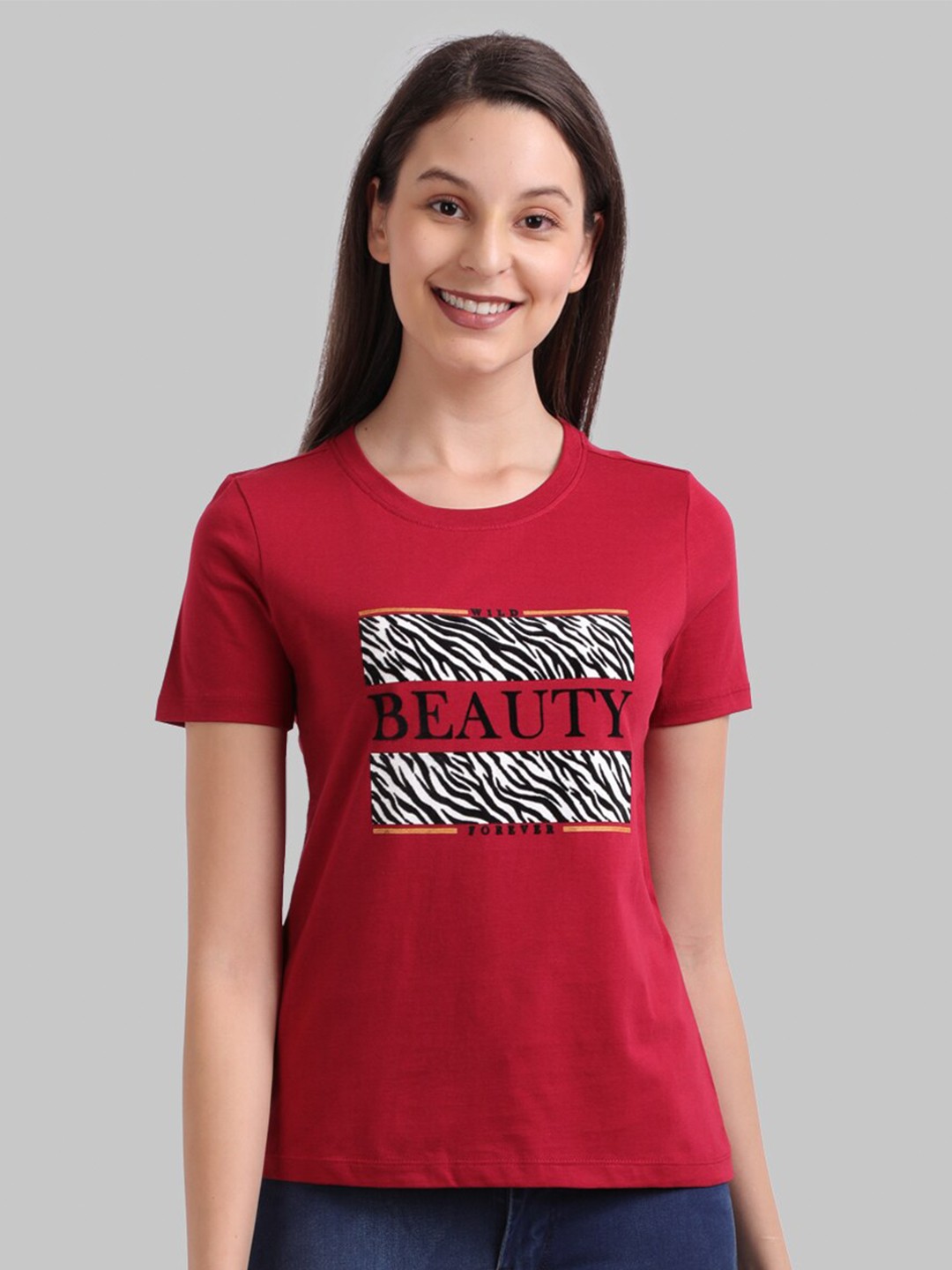 

Parx Women Red Printed Round Neck T-Shirt