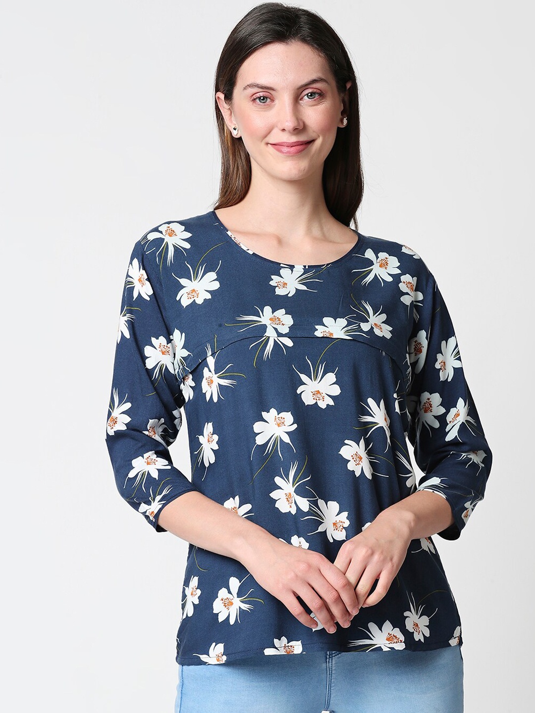 

Zeyo Navy Blue & White Floral Regular Top