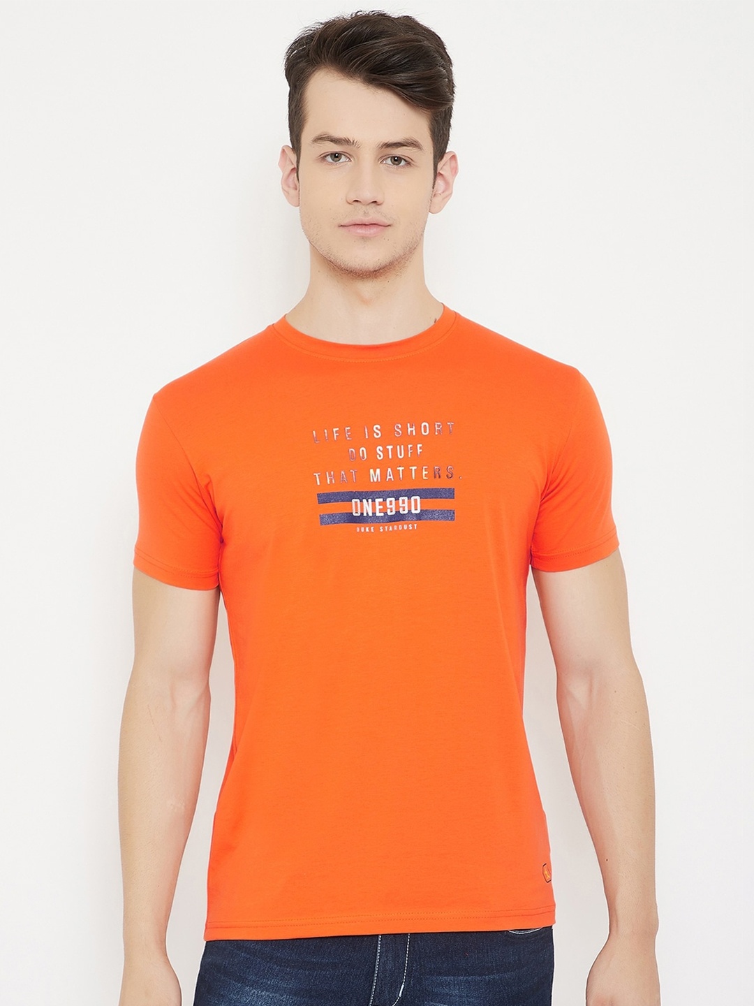 

Duke Men Orange Typography Printed T-shirt