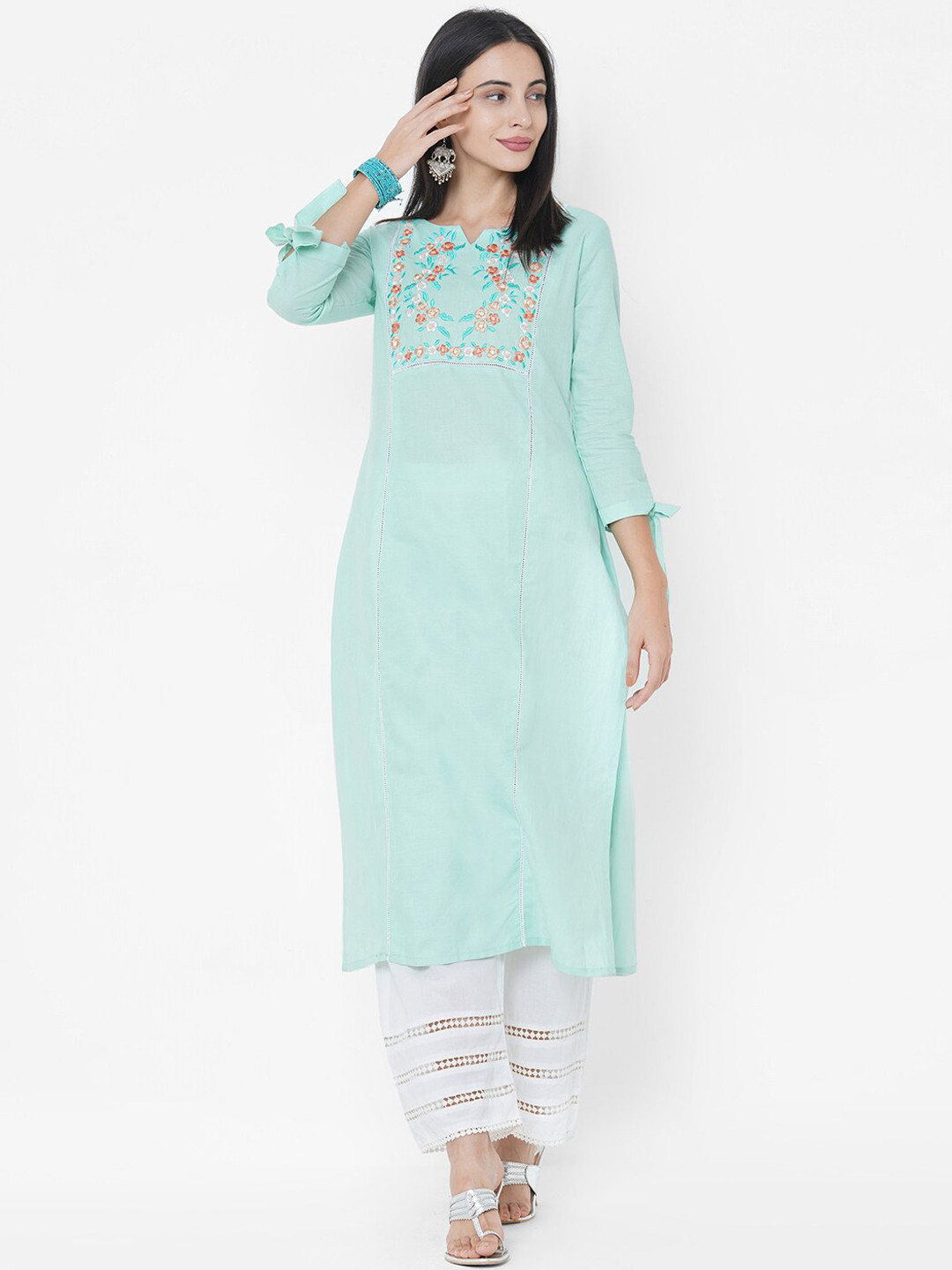 

FASHOR Women Sea Green Floral Yoke Design Kurta