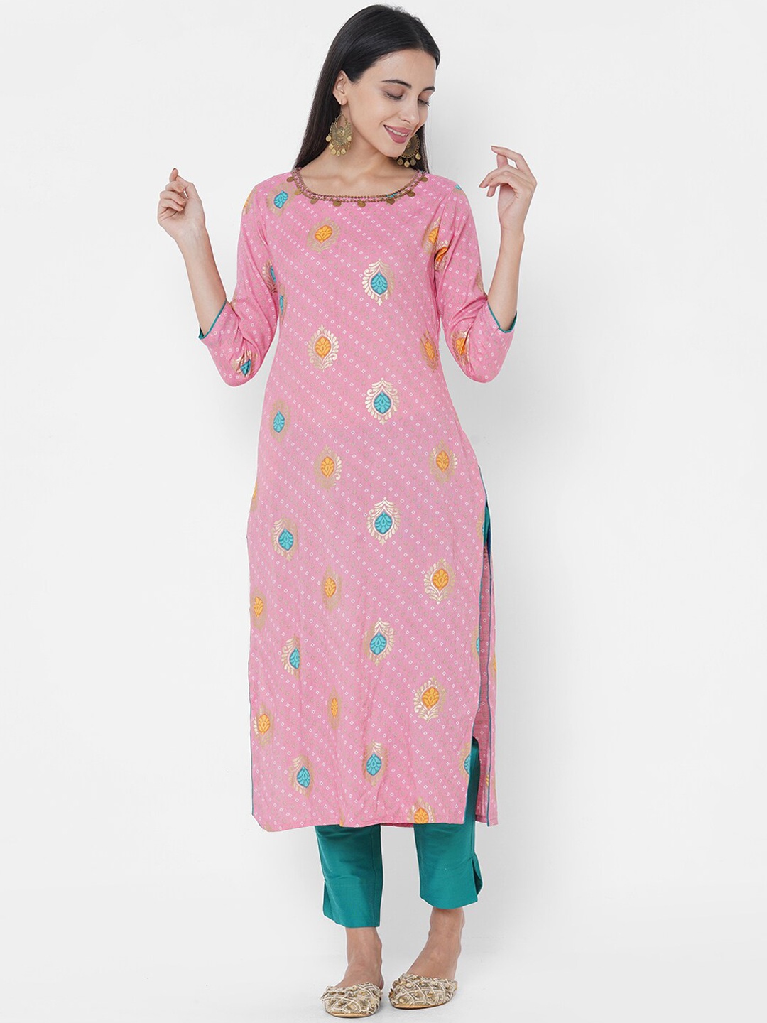 

FASHOR Women Pink & Off White Bandhani Printed Kurta