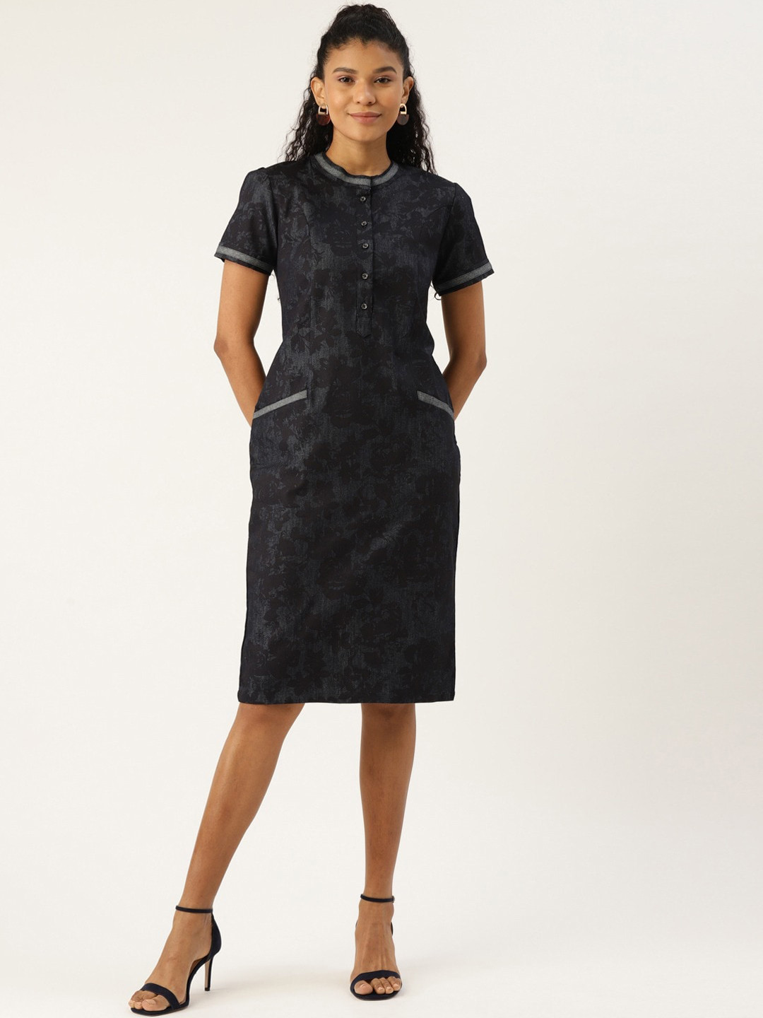 

Cottinfab Navy Blue Floral Denim Sheath Dress