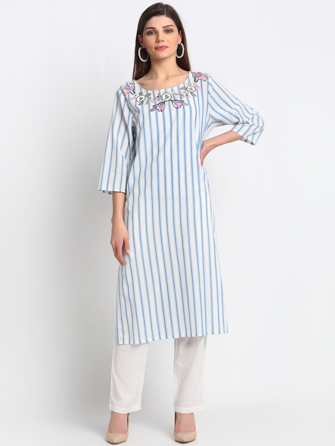 

REME Women Blue & White Striped Thread Work Kurta