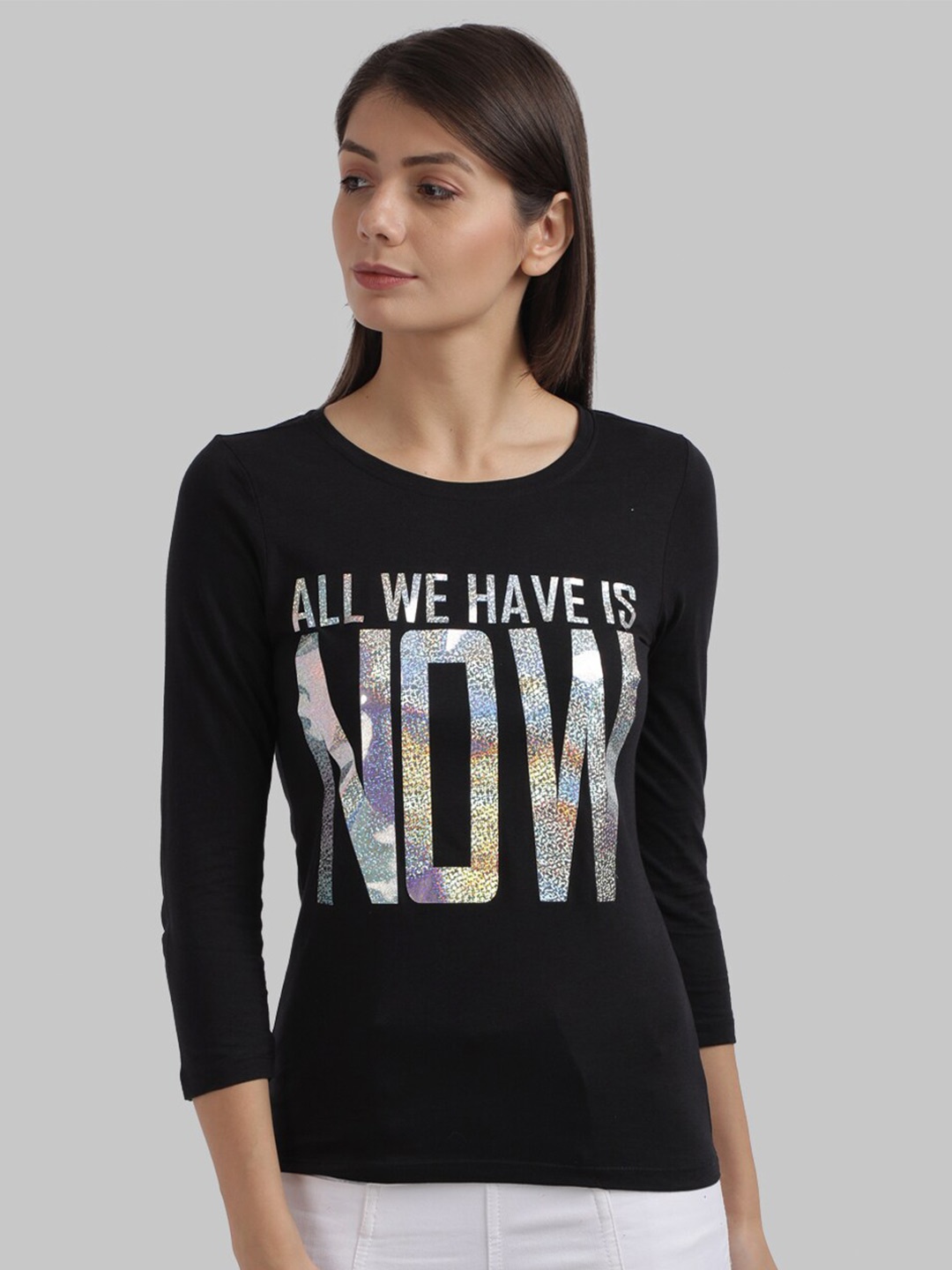 

Parx Women Black & Silver Shimmer Print Round Neck T-Shirt
