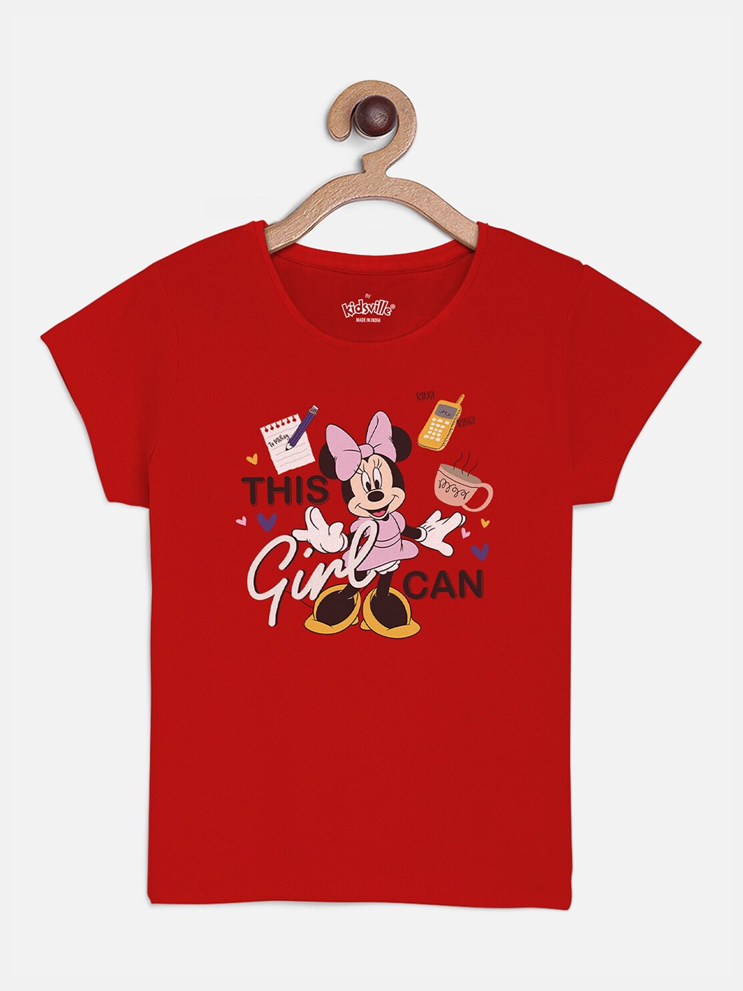 Kids Ville Mickey & Friends Girls Red Printed T-shirt