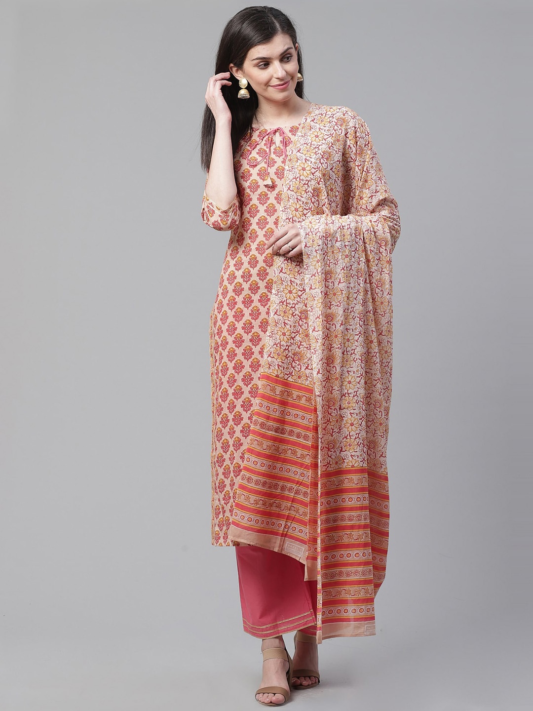 

Indo Era Women Pink Ethnic Motifs Printed Regular Straight Pure Cotton Kurta with
