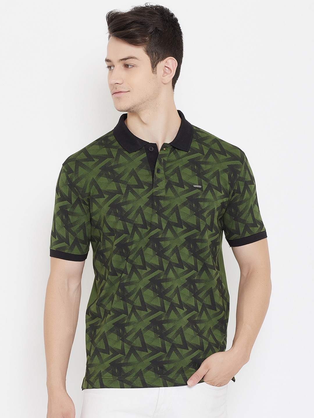 

Duke Men Olive Green & Black Printed Polo Collar T-shirt