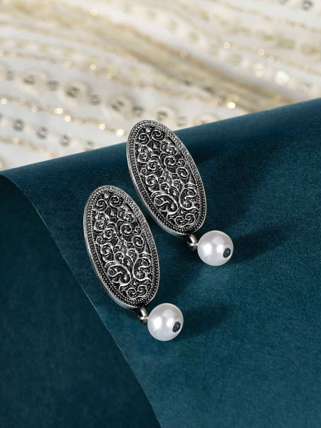 

Accessorize London Women Ethnic Oxidised Pearl Drop Earrings, Silver