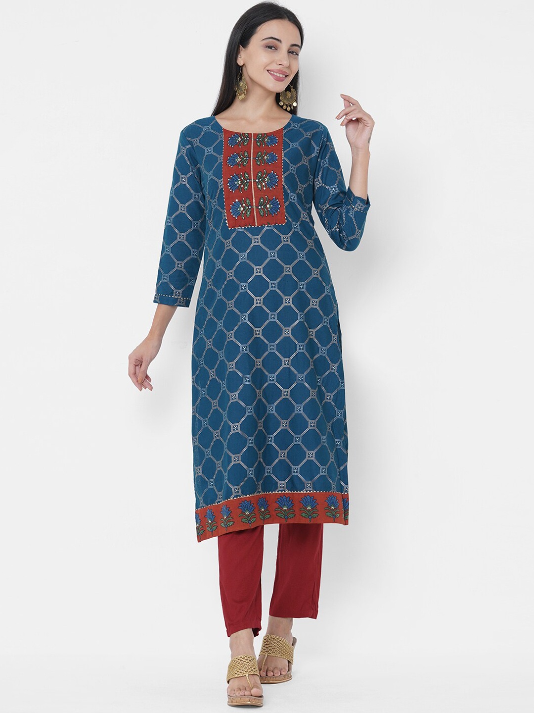 

FASHOR Women Teal Checked Thread Work Kurta
