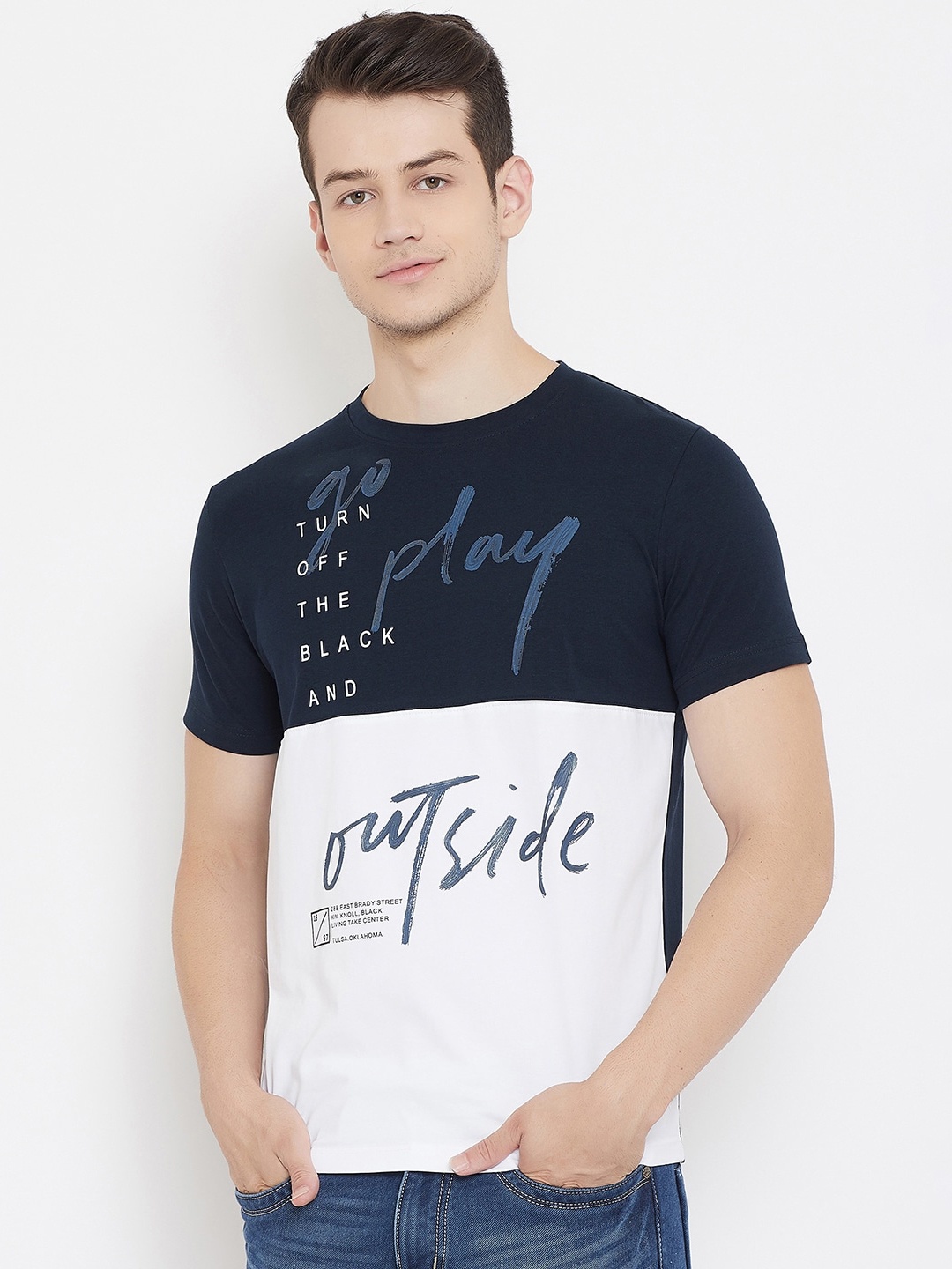 

Duke Men Navy Blue & Off White Colourblocked T-shirt