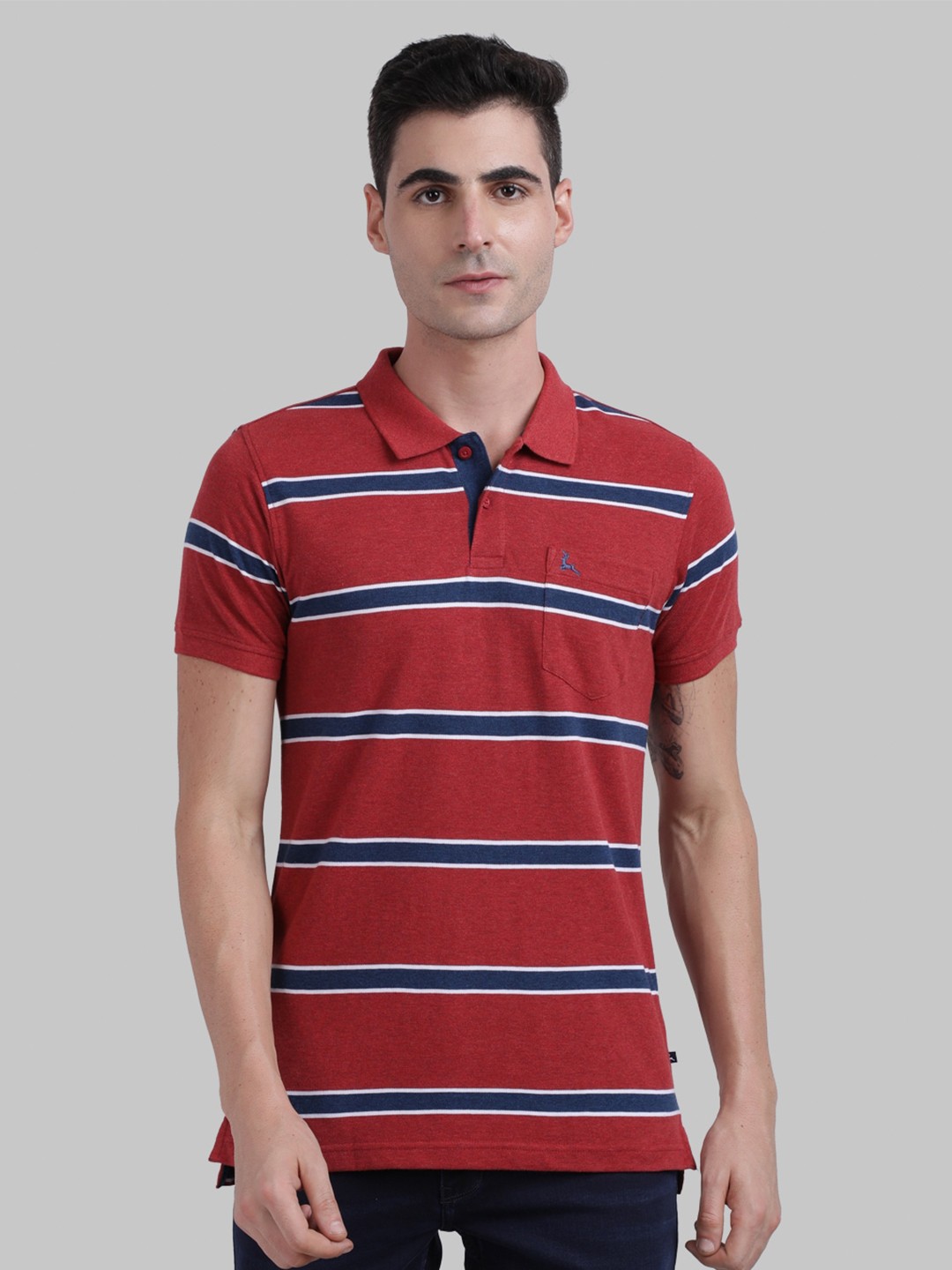 

Parx Men Red Striped Cotton Polo Collar T-shirt