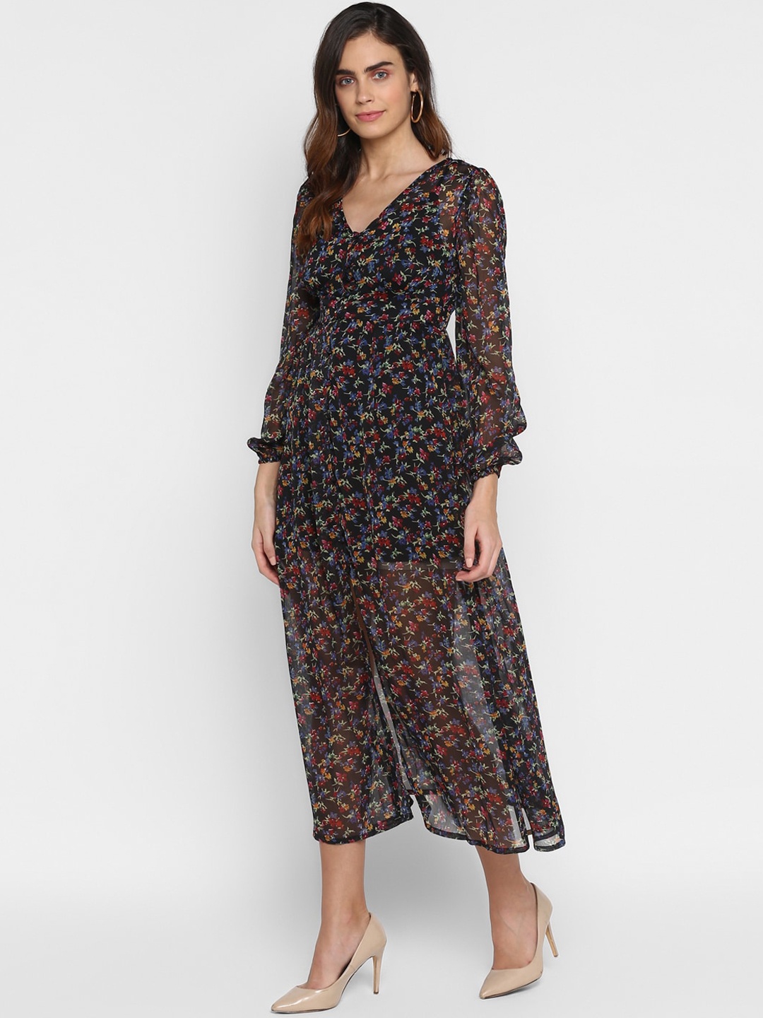

HOUSE OF KKARMA Black Floral Chiffon Midi A-Line Dress