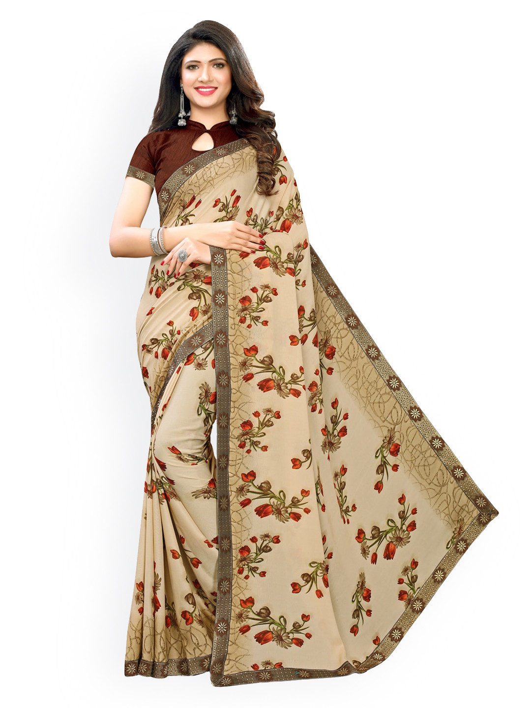 

KALINI Beige Floral Embroidered Pure Georgette Heavy Work Saree