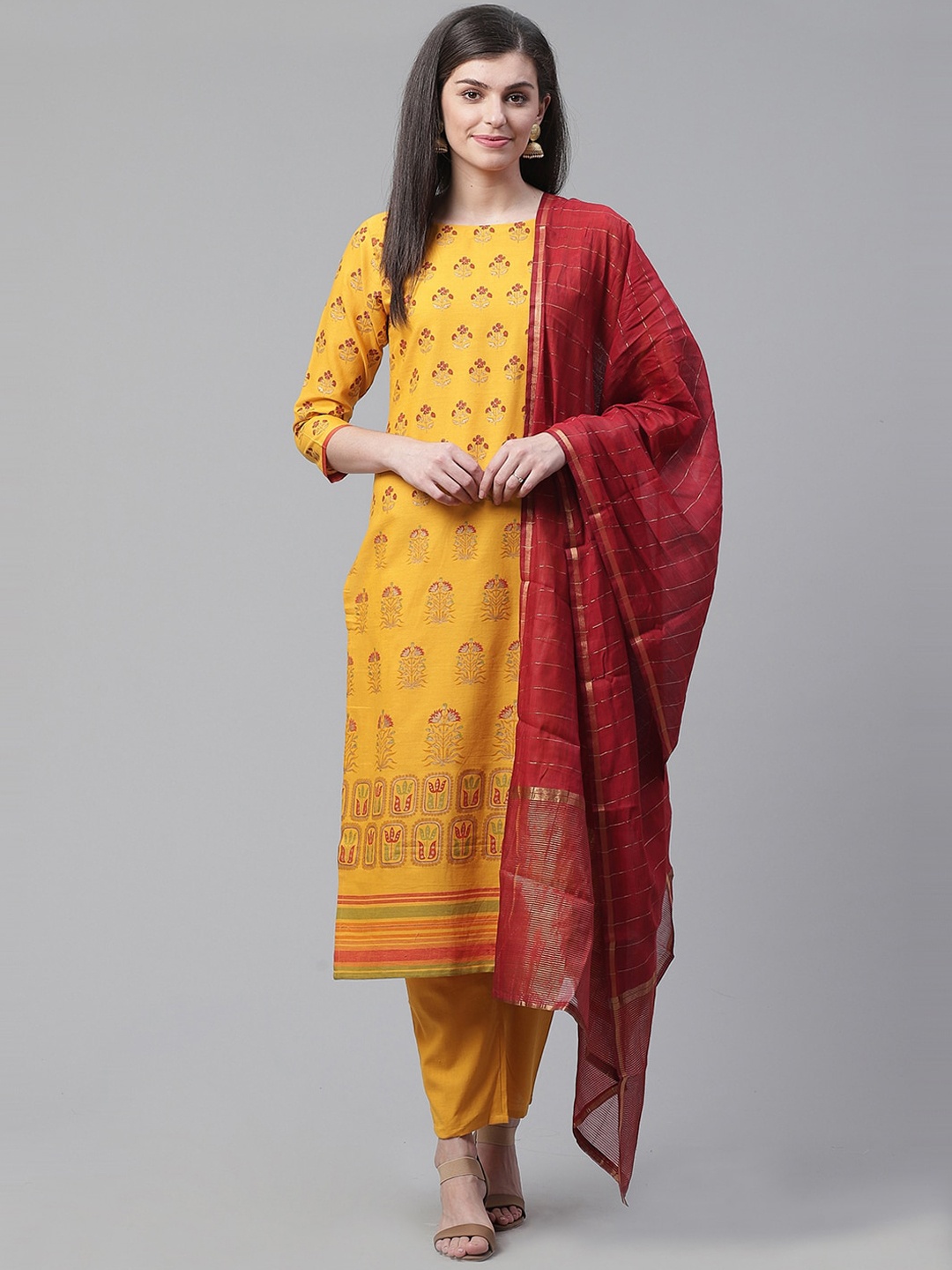 

Indo Era Women Yellow Ethnic Motifs Printed Panelled A-Line Pure Cotton Kurta with