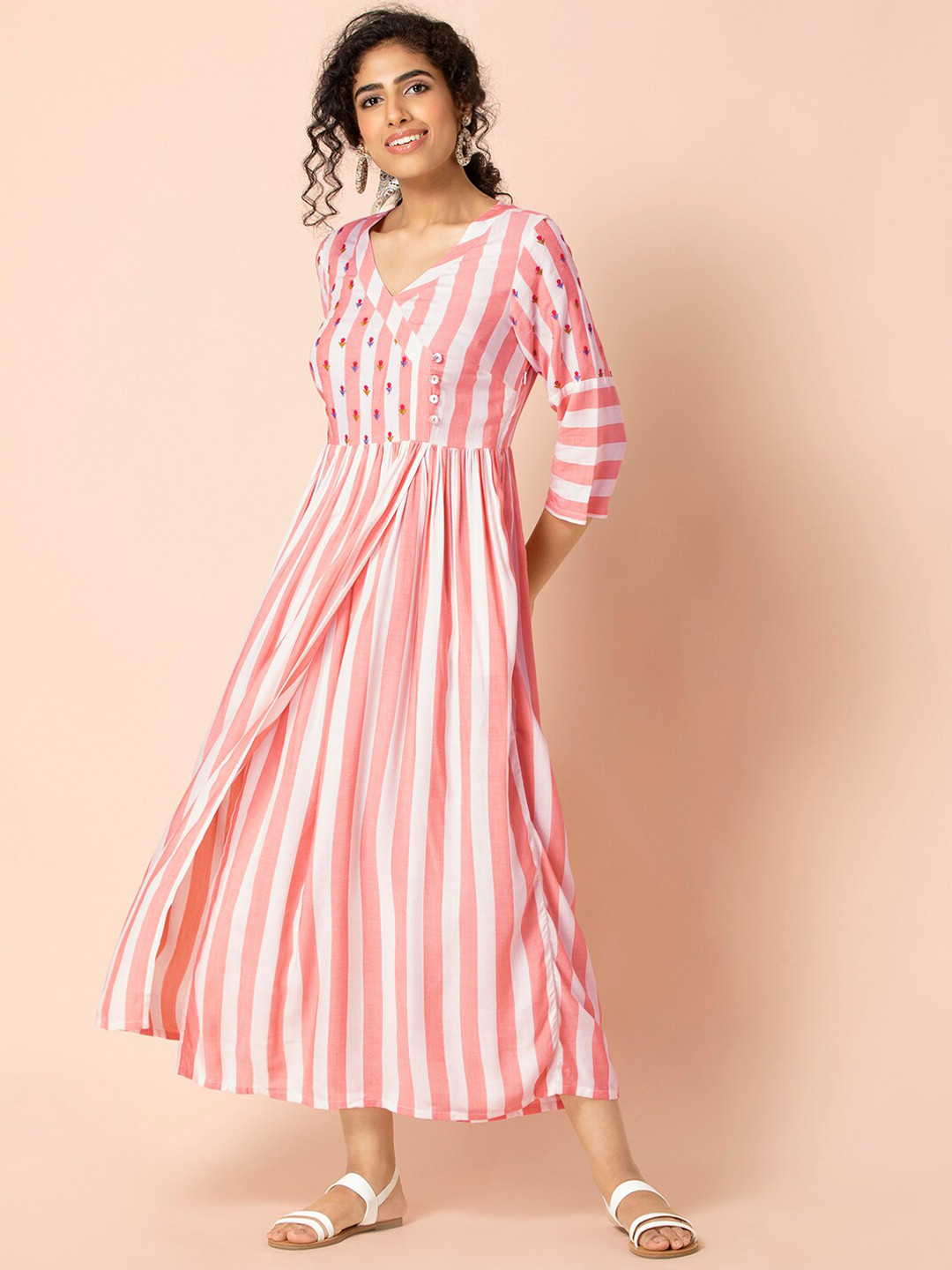 

Earthen BY INDYA Peach Striped Embroidered Front Slit Tunic, Coral