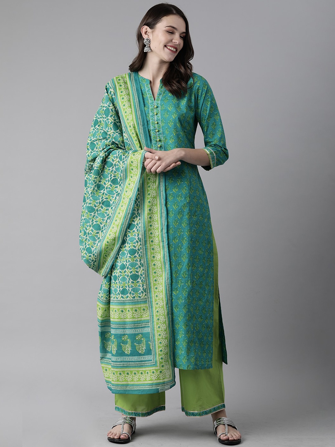 

Indo Era Women Green Printed Straight Kurta With Palazzo & Dupatta Set