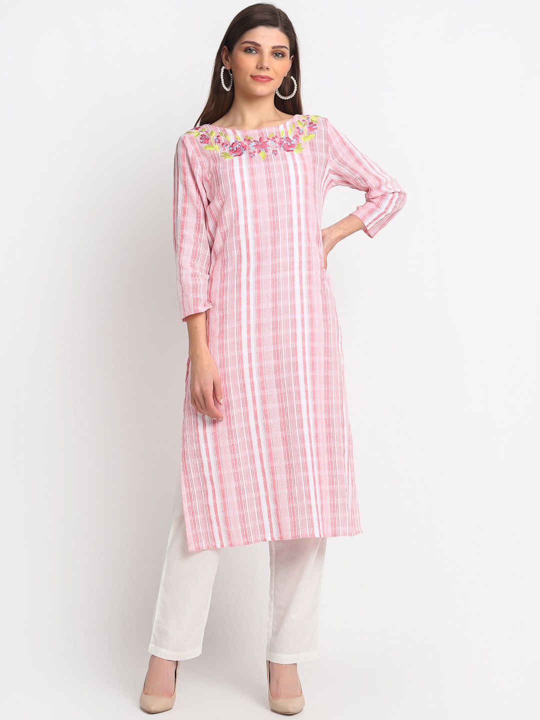 

REME Women Pink & White Striped Thread Work Organic Cotton Kurta