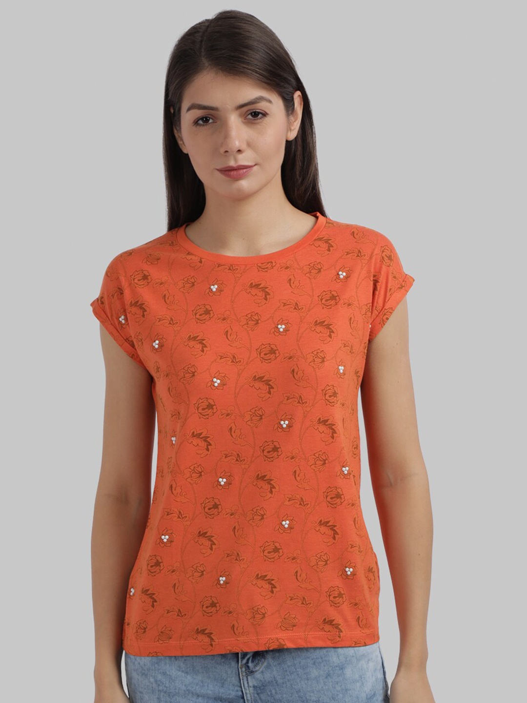 

Parx Women Orange & Brown Printed Round Neck T-Shirt