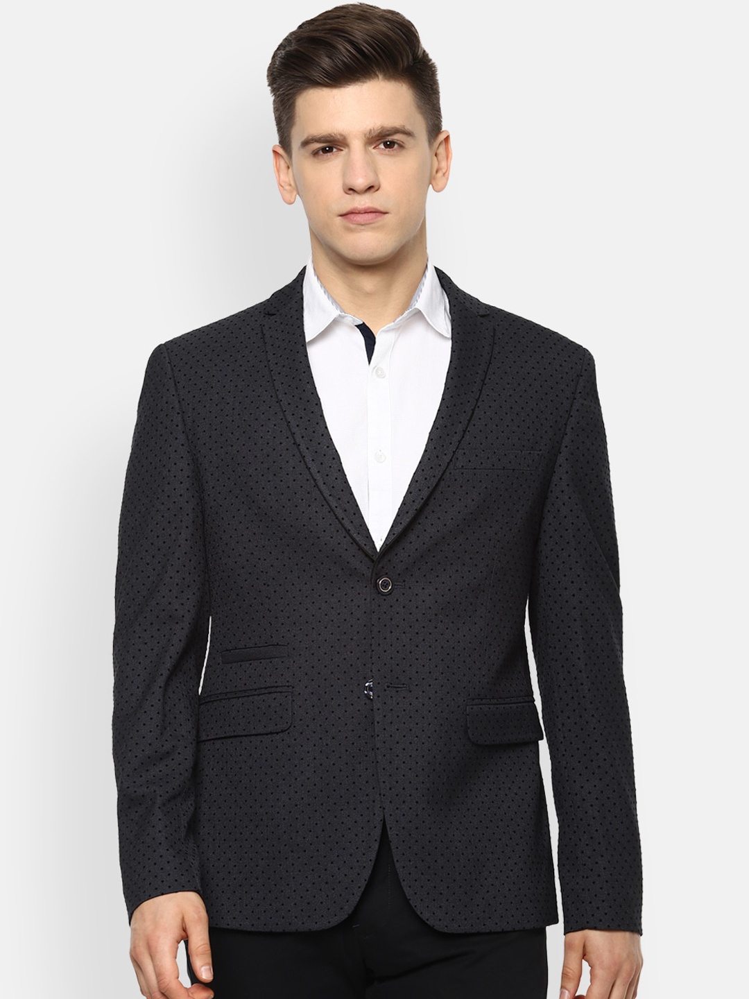 

V Dot Men Grey Self Design Single Breasted Smart Casual Blazer