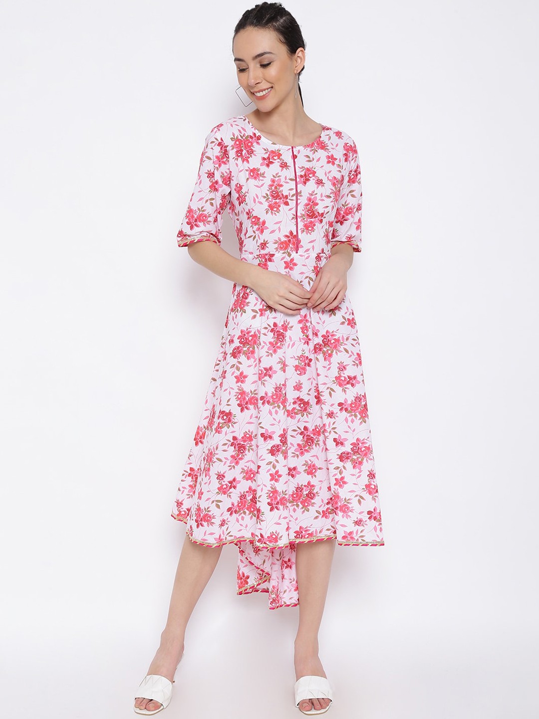 

MARC LOUIS White Floral A-Line Midi Dress