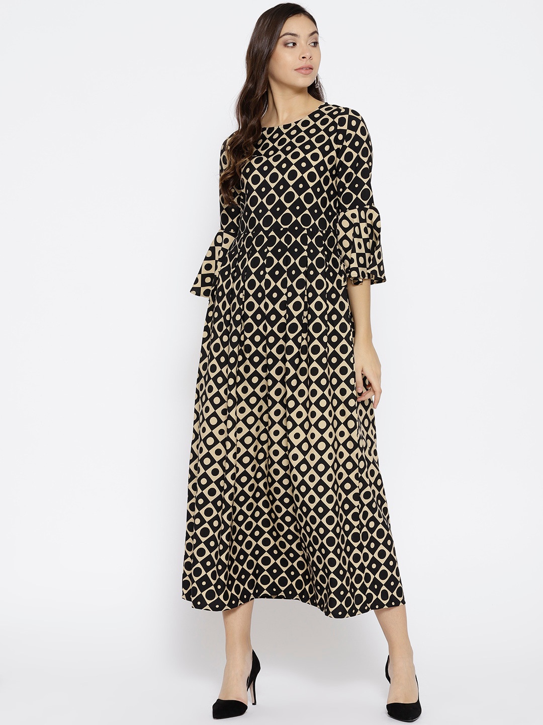 

Cottinfab Black & Beige Crepe A-Line Midi Dress