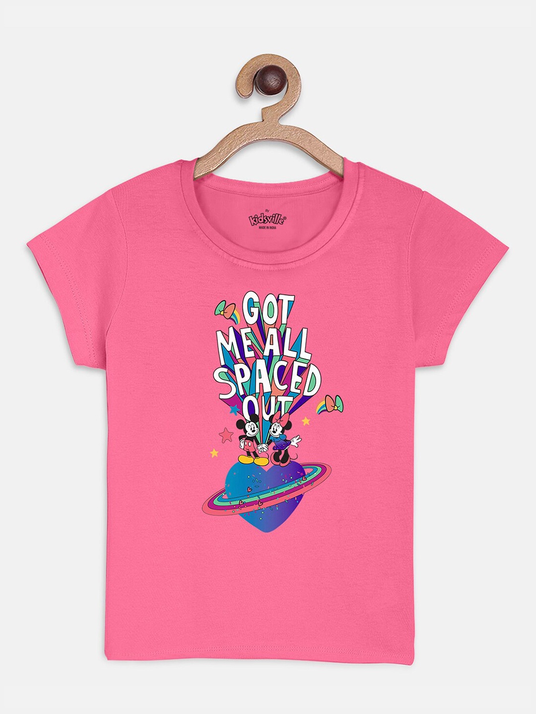 

Kids Ville Mickey & Friends Girls Pink Mickey & Minnie Printed T-shirt