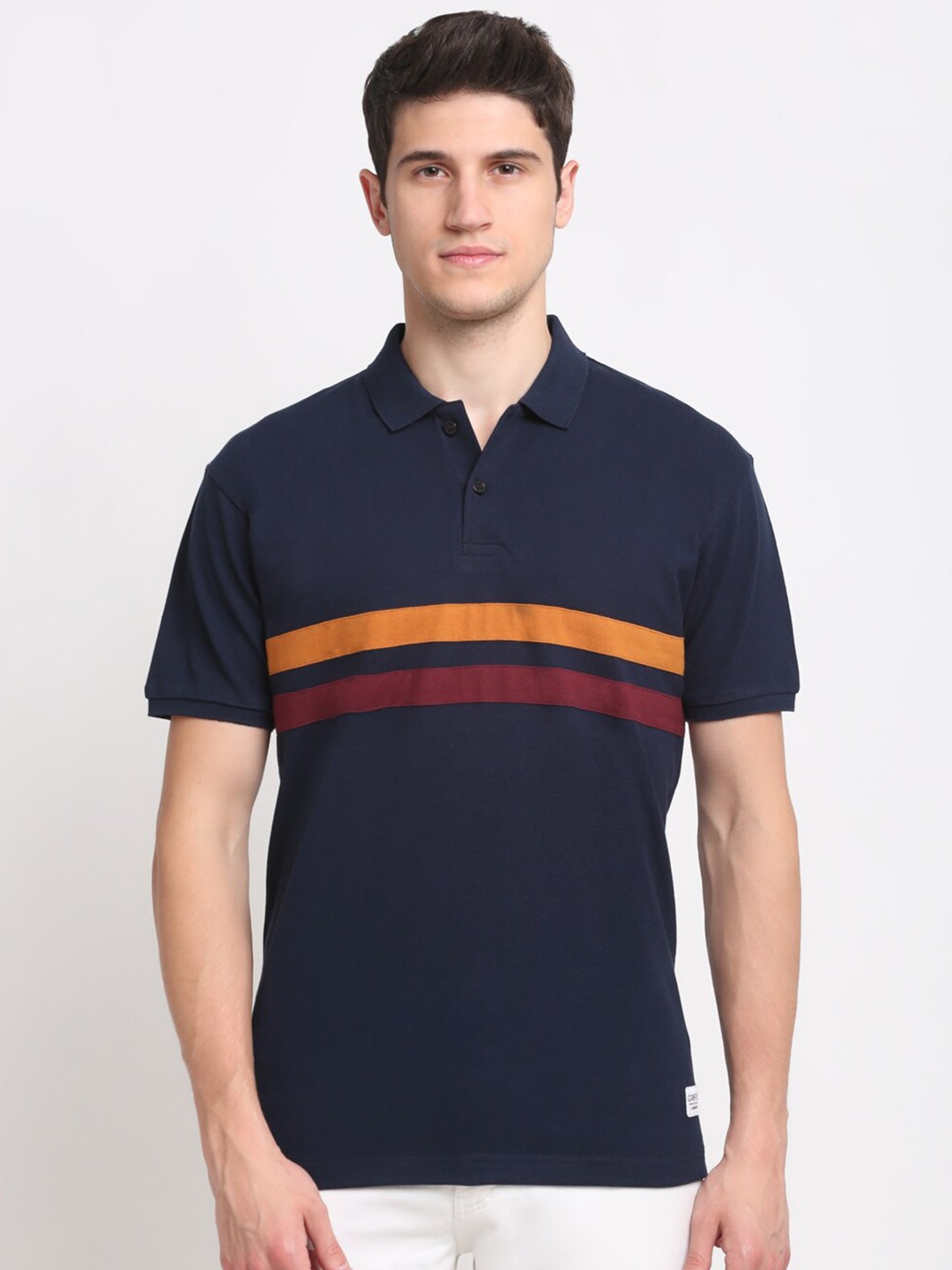 

GRIFFEL Men vy Blue & botanical garden Polo Collar T-shirt, Navy blue