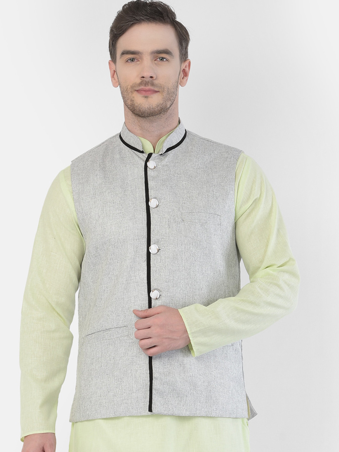 

SG LEMAN Men Grey Solid Satin Nehru Jacket