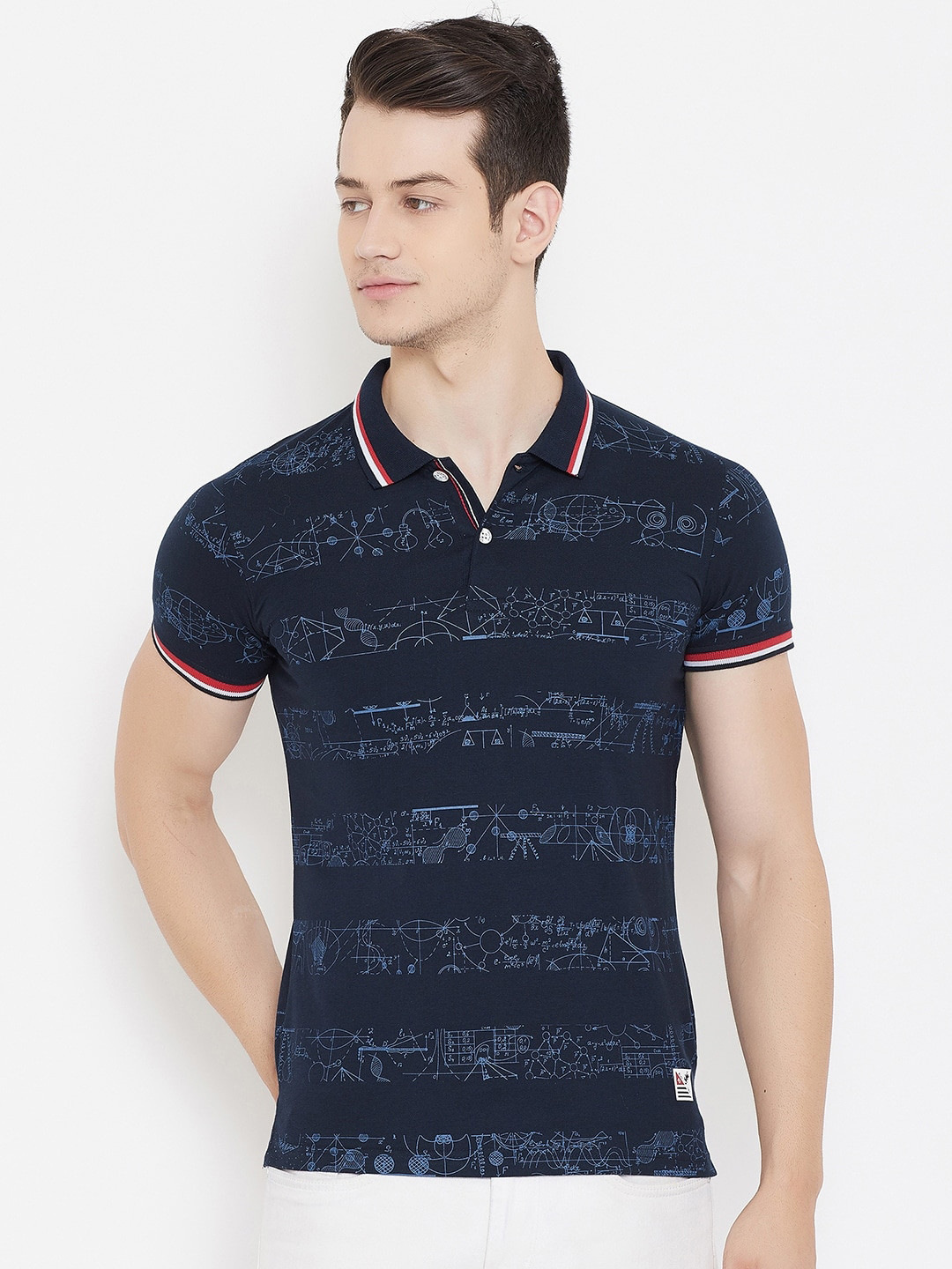 

Duke Men Navy Blue & White Printed Polo Collar T-shirt