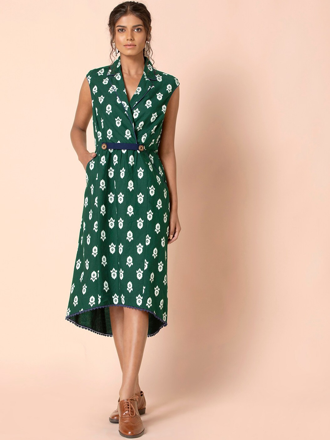 

Earthen BY INDYA Green Boota Collared High Low Dress