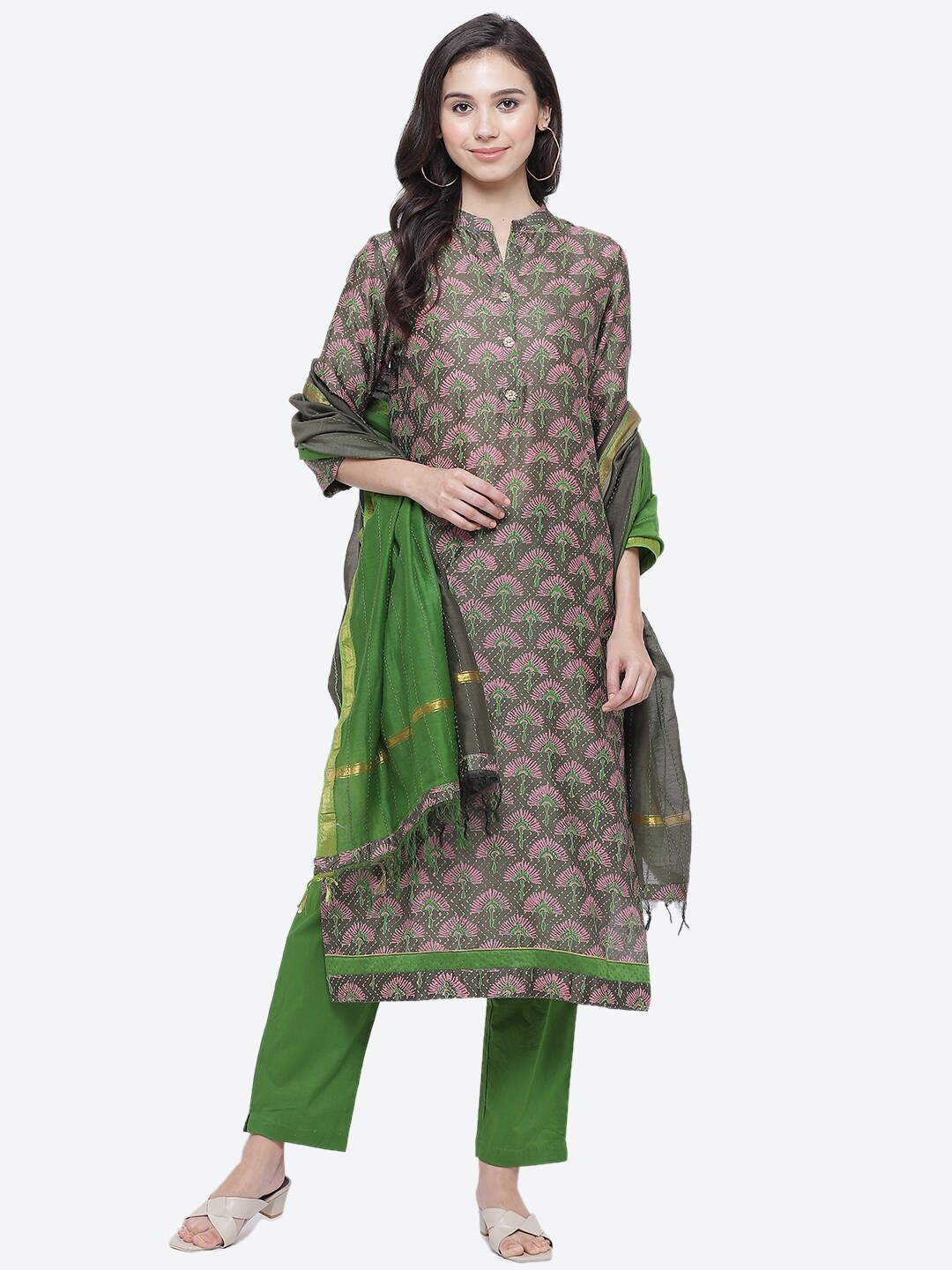 

Biba Green & Grey Printed Art Silk Unstitched Dress Material