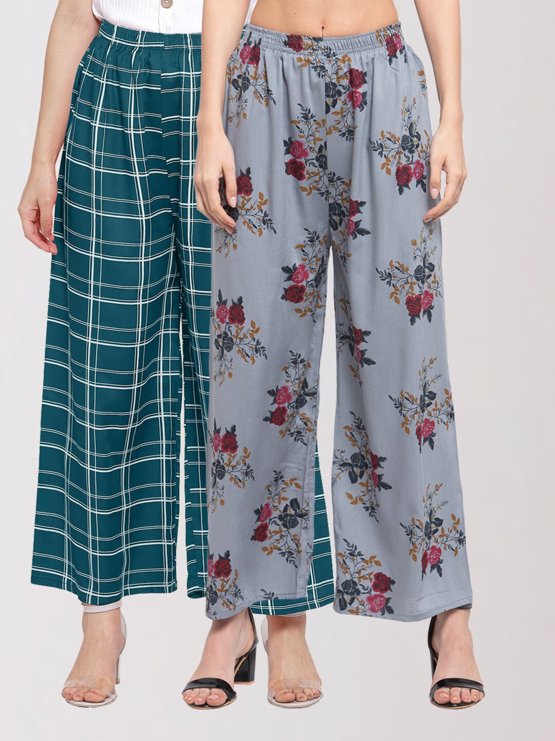 

KLOTTHE Women Pack Of 2 Grey & Teal Green Floral Printed Palazzos