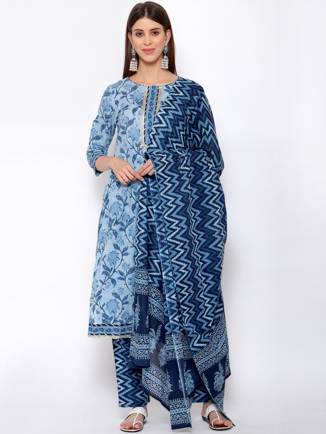 

Yuris Women Blue Printed Pure Cotton Kurta with Churidar & With Dupatta