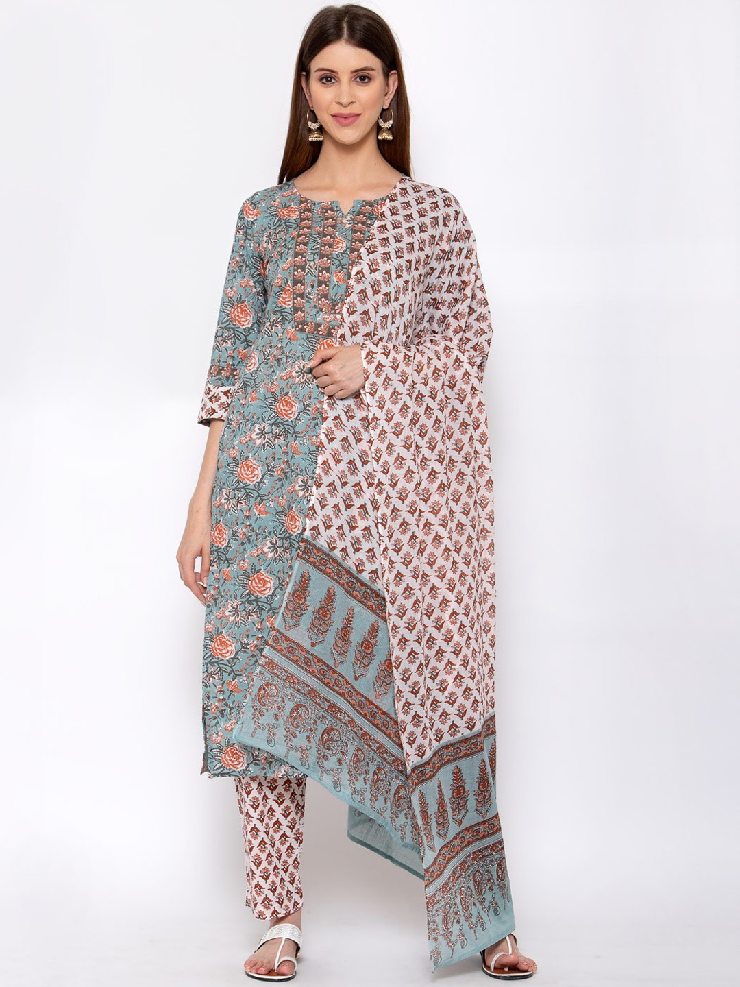 

Yuris Women Sea Green Printed Pure Cotton Kurti with Trousers & With Dupatta
